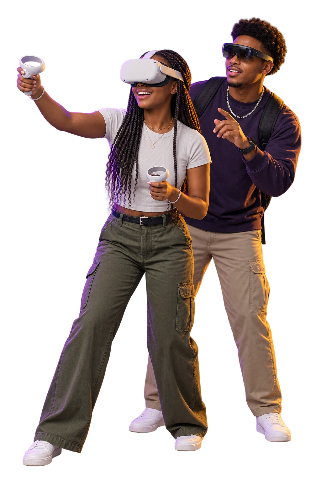 Two students exploring virtual and augmented reality with headsets